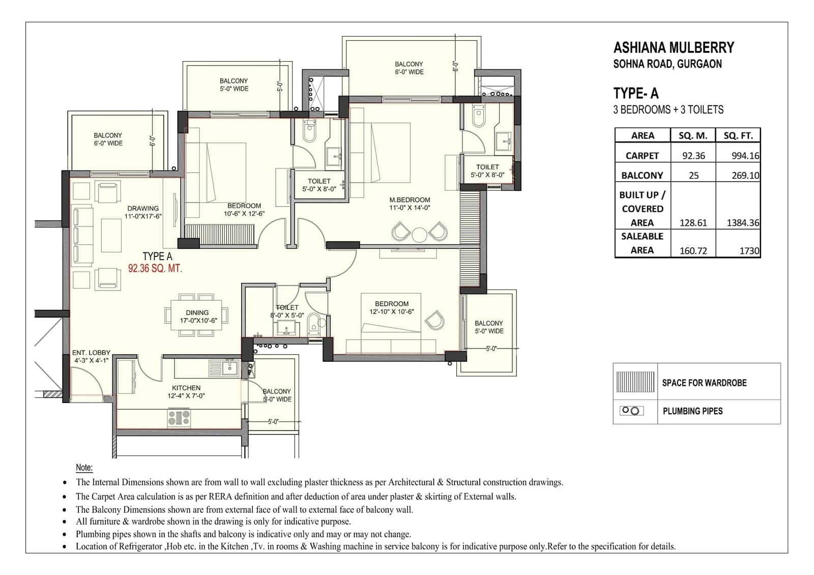 Ashiana Mulberry — Type A Floor Plan, 3 Bedrooms + 3 Toilets