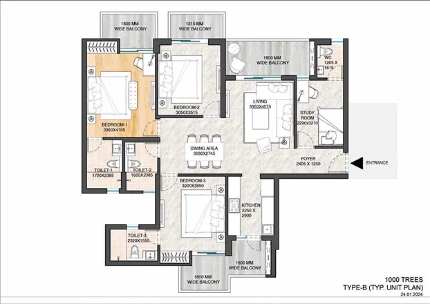 ATS Homekraft Sanctuary 105 Phase 2 — 3 BHK + Study Floor Plan