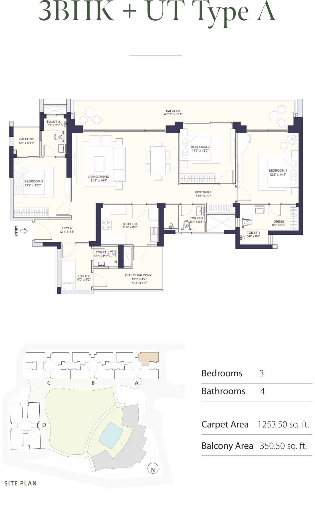 3 BHK + Utility Type A floor plan