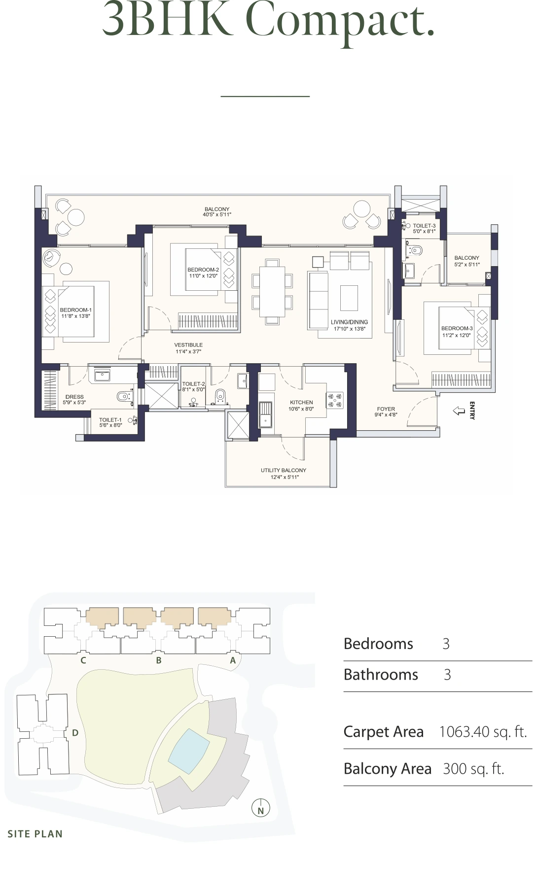 3 BHK Compact floor plan