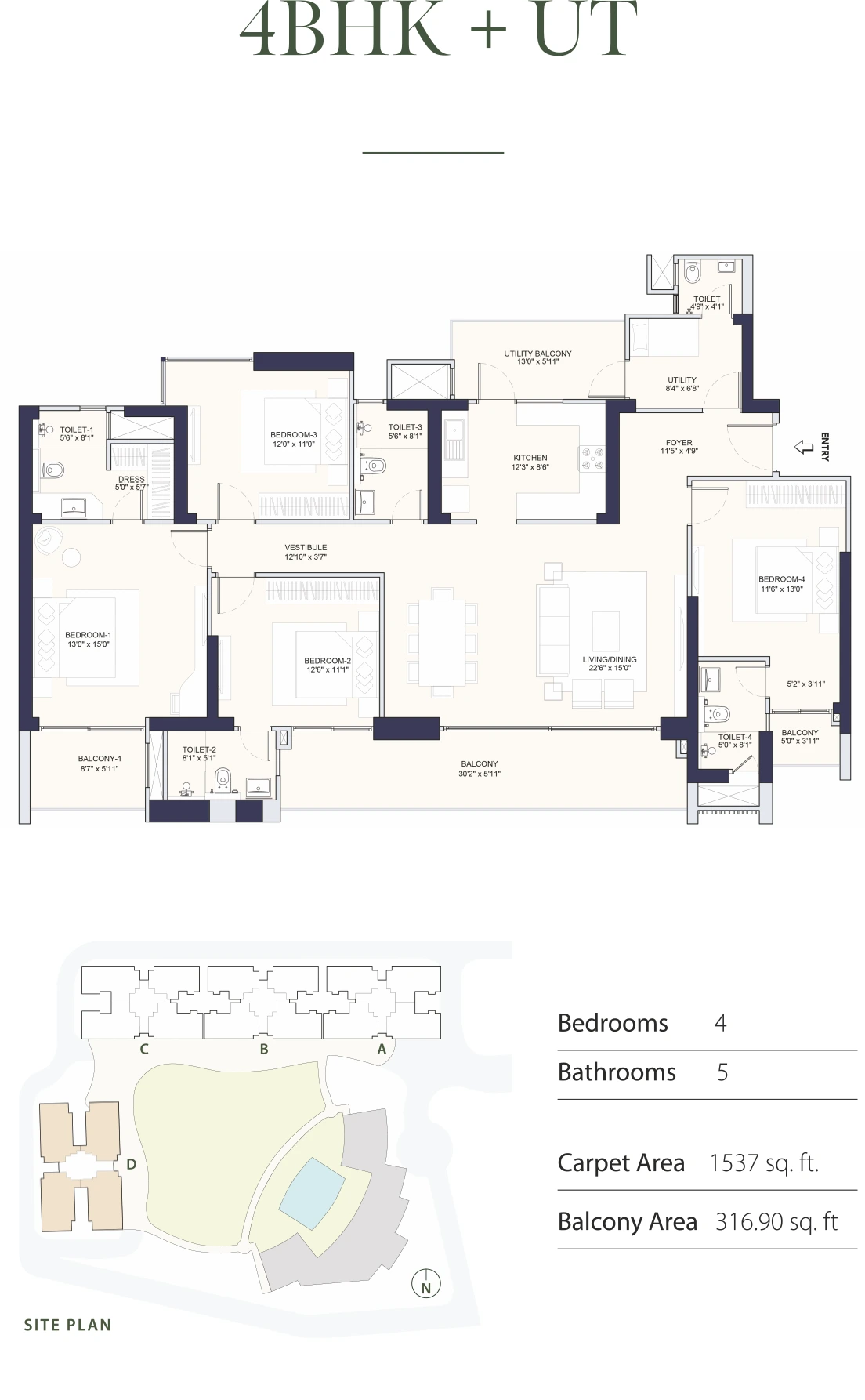 4 BHK + Utility floor plan