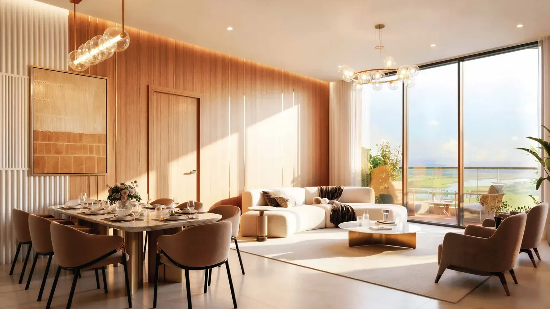 Eldeco Terra and Sol living and dining room interior with balcony golf course view