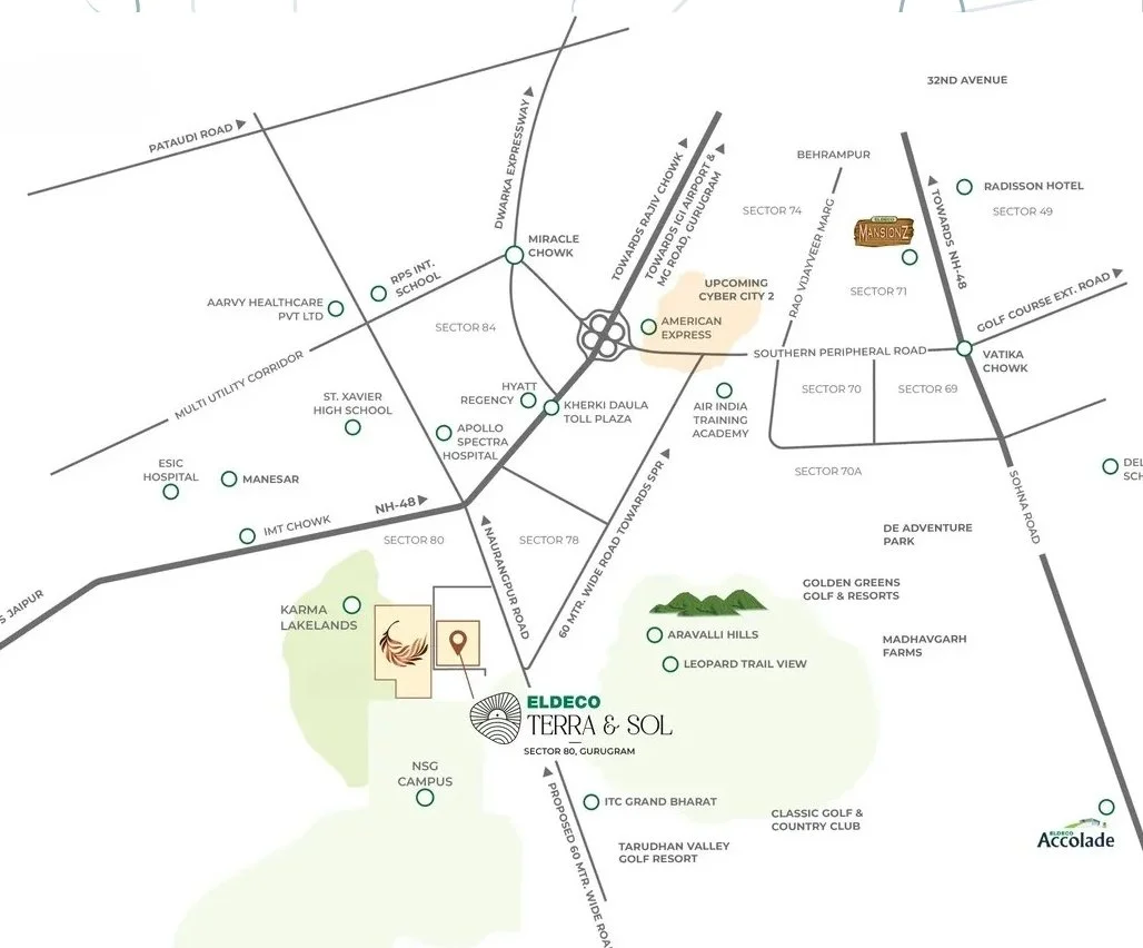 Eldeco Terra and Sol location map, Sector 80 Gurugram