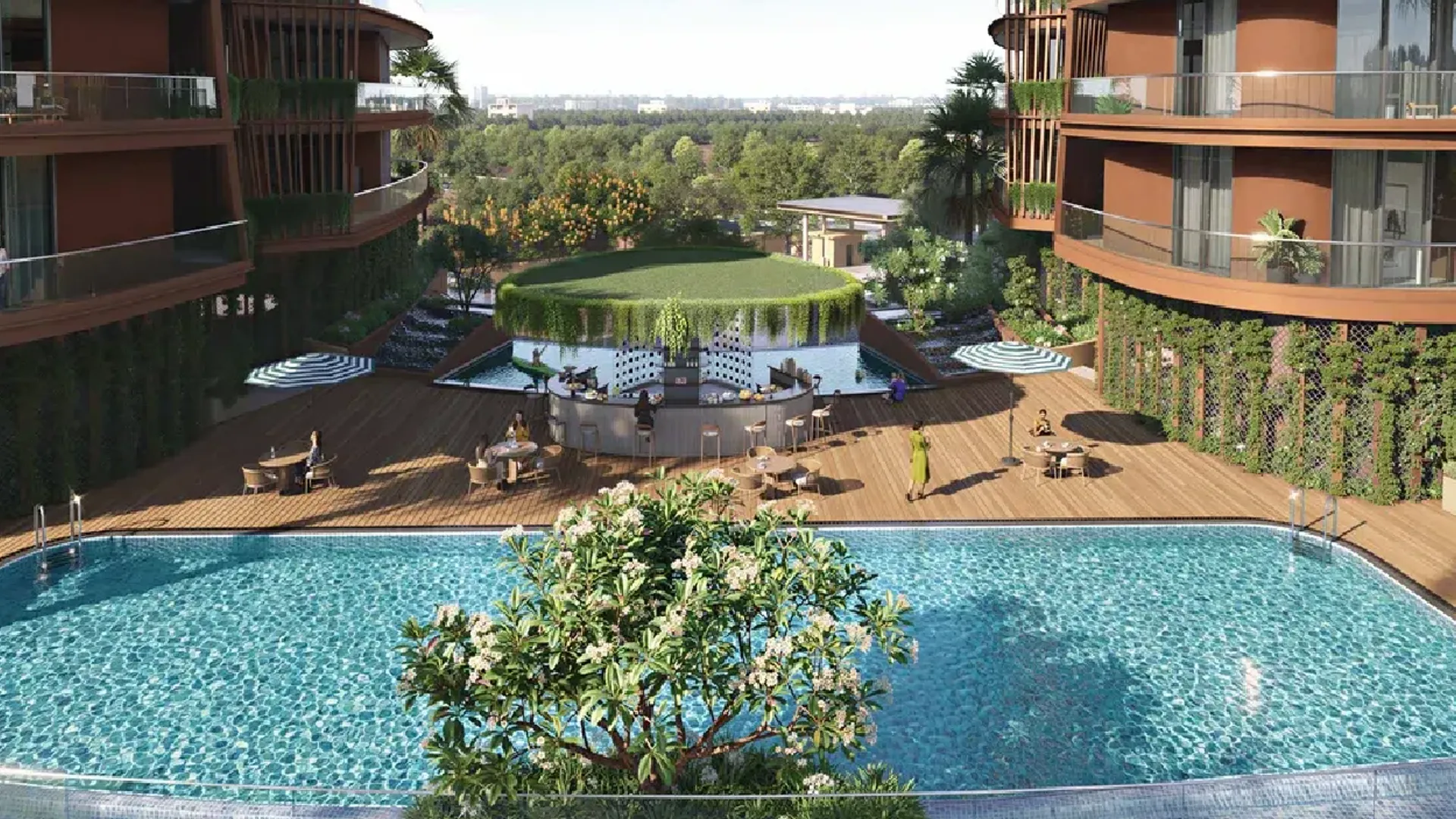 Eldeco Terra and Sol infinity pool deck with poolside bar