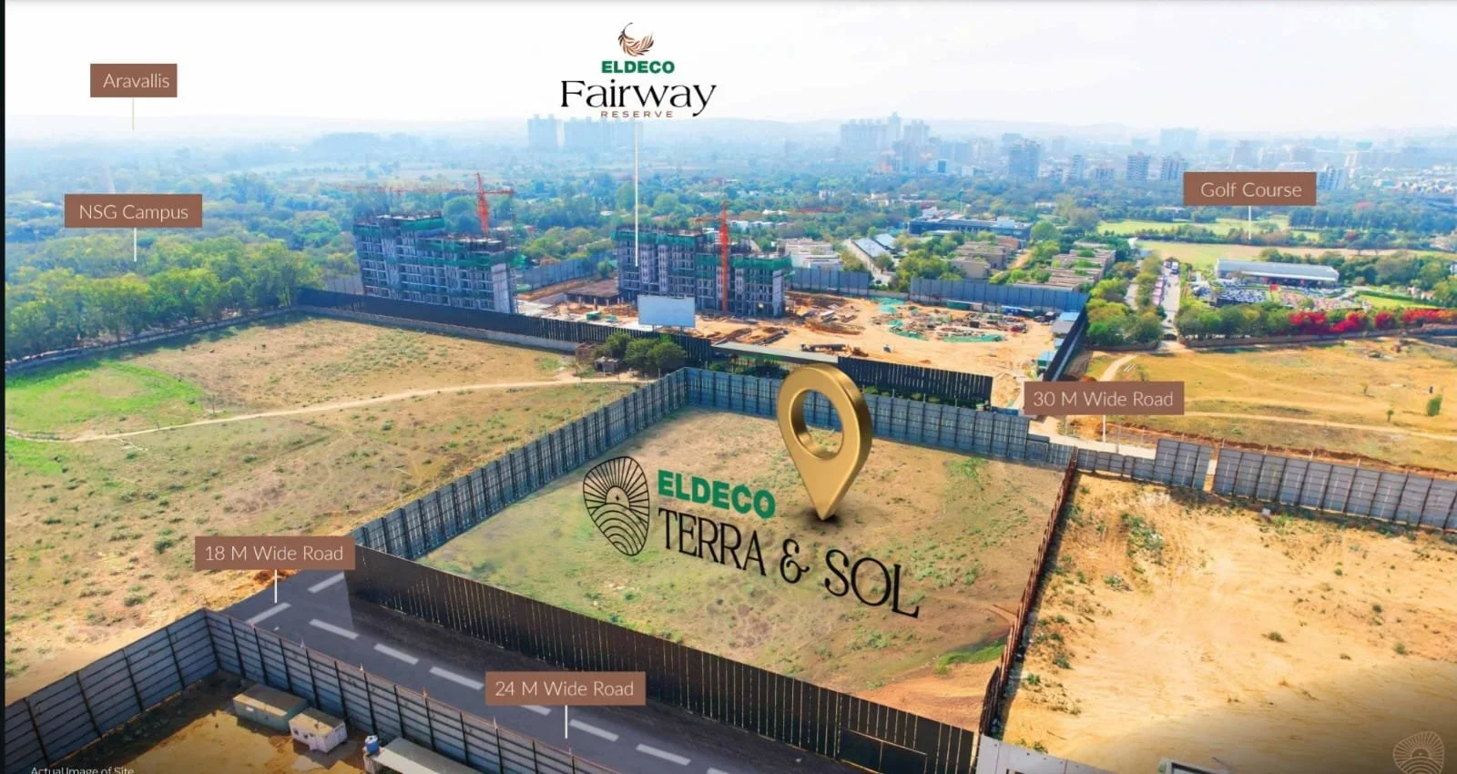 Eldeco Terra and Sol aerial site view with Aravallis, golf course and NSG campus marked