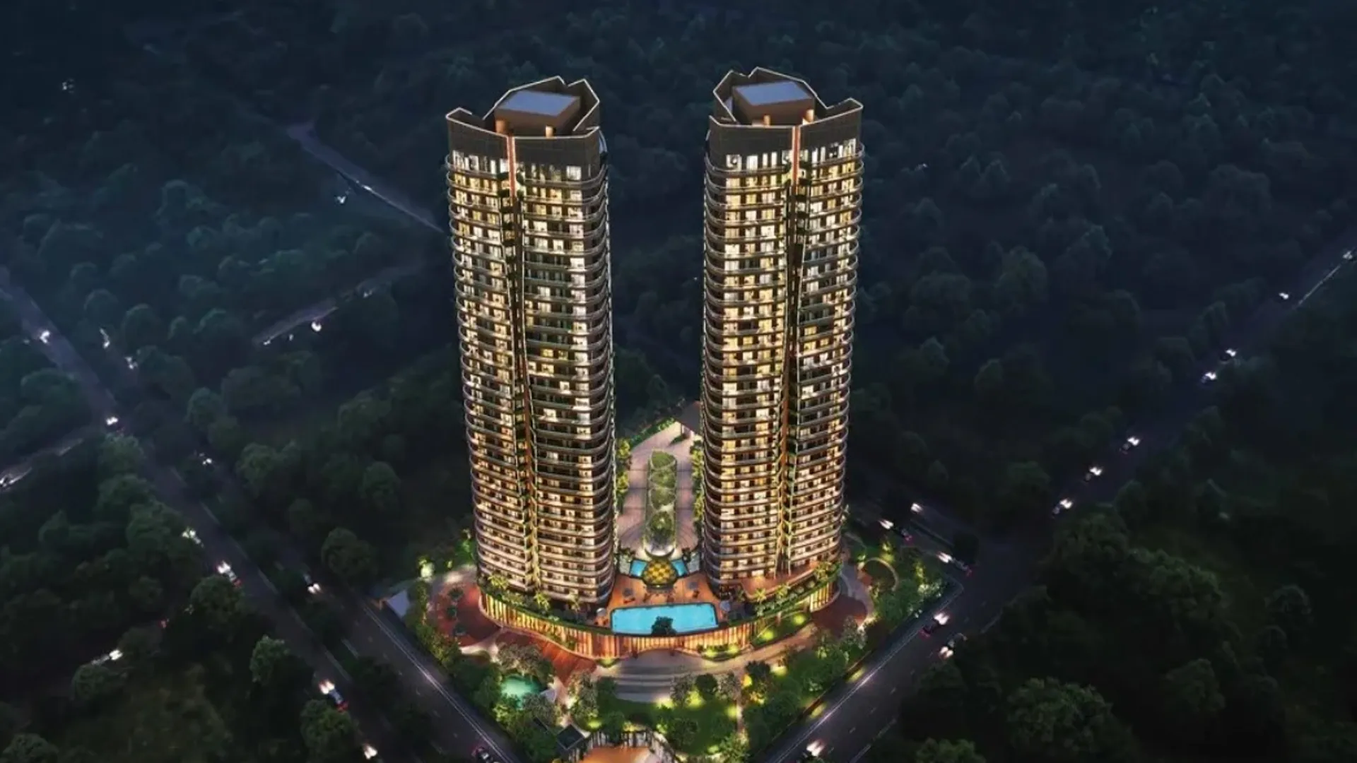 Eldeco Terra and Sol twin towers illuminated at night, Sector 80 Gurugram