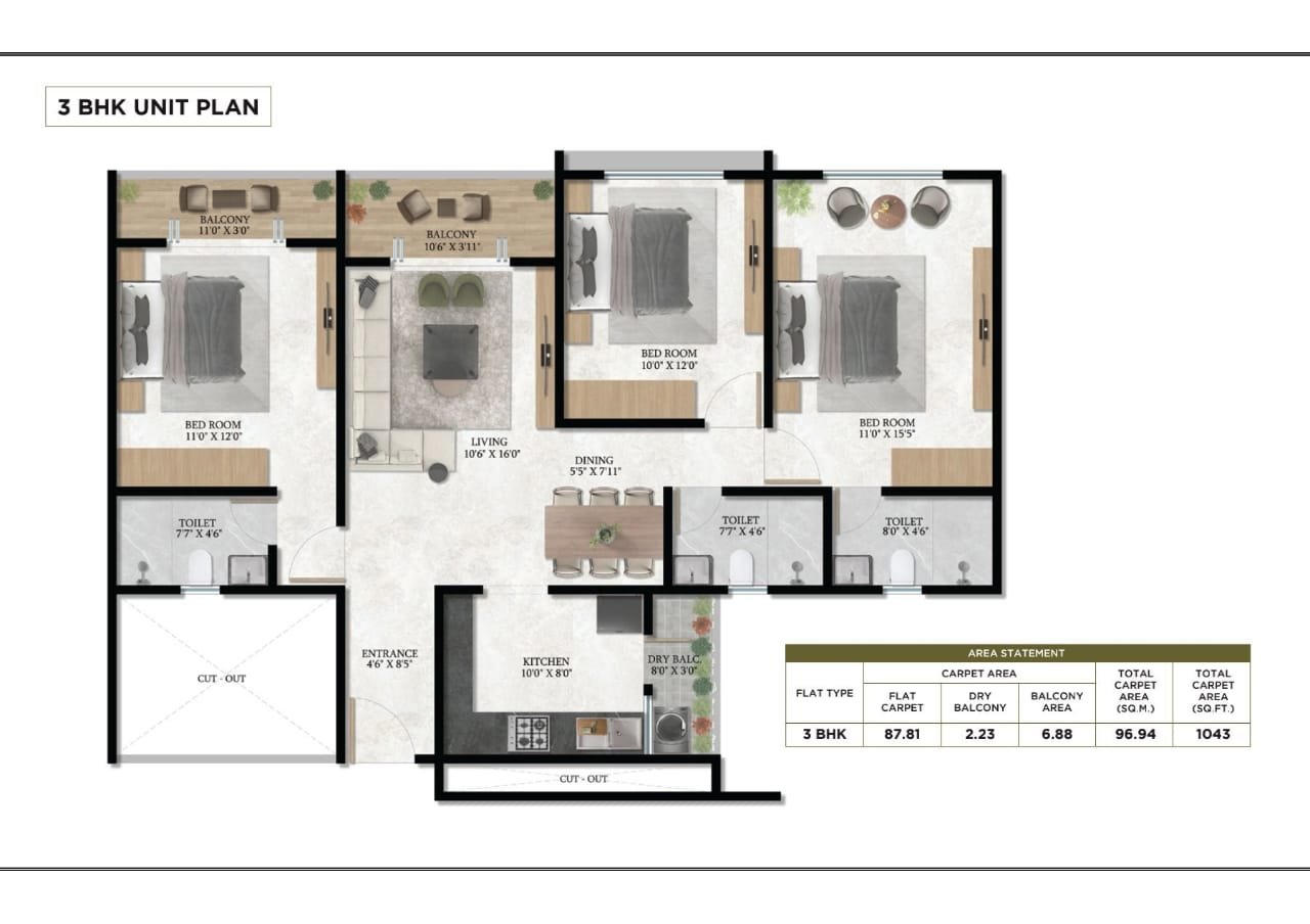 Experion Sector 88A 3 BHK floor plan