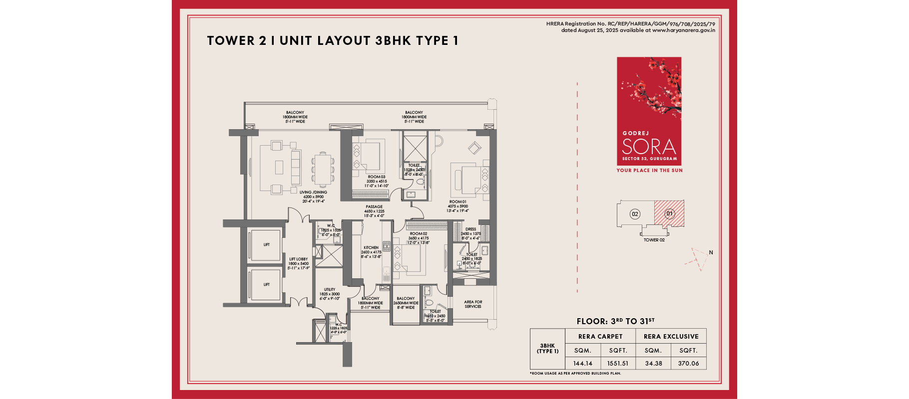 Godrej Sora — 3 BHK Floor Plan, Tower 2
