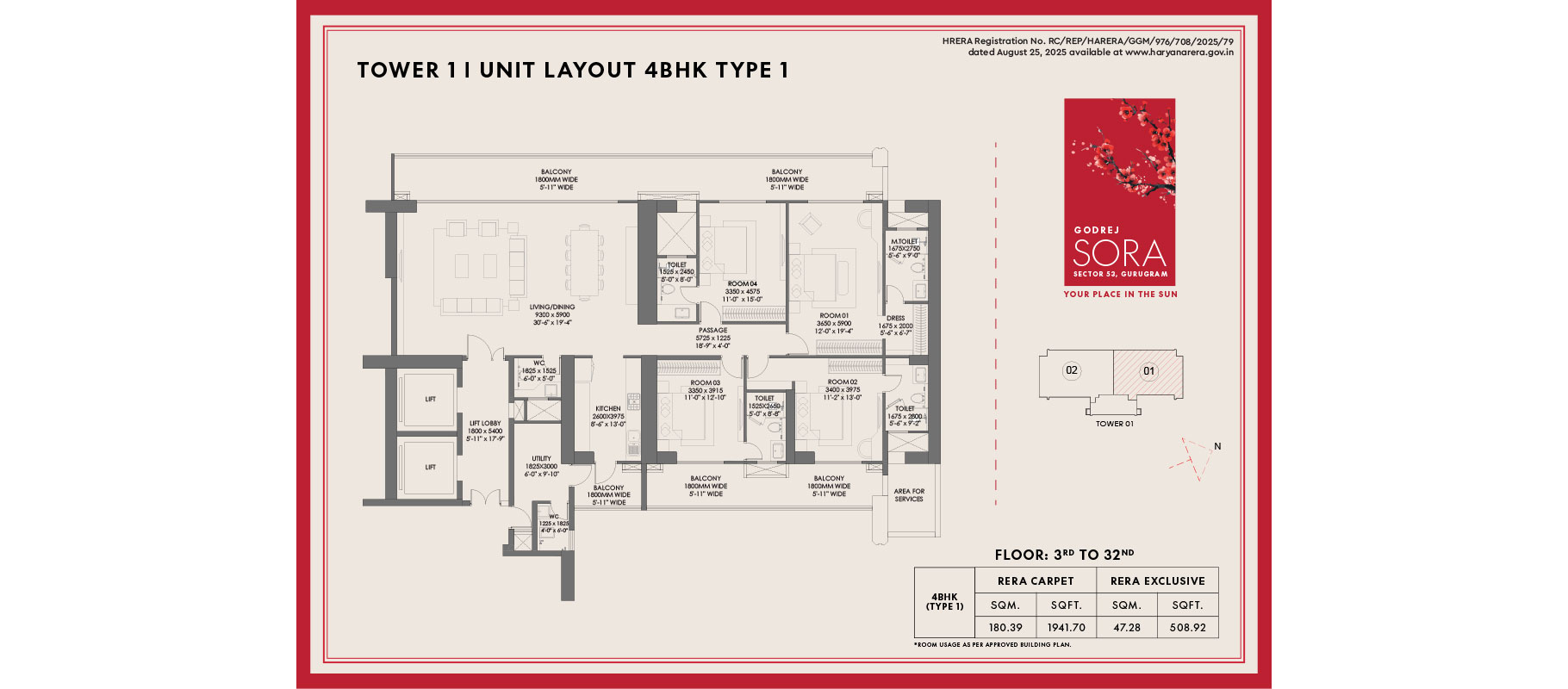 Godrej Sora — 4 BHK Floor Plan, Tower 1
