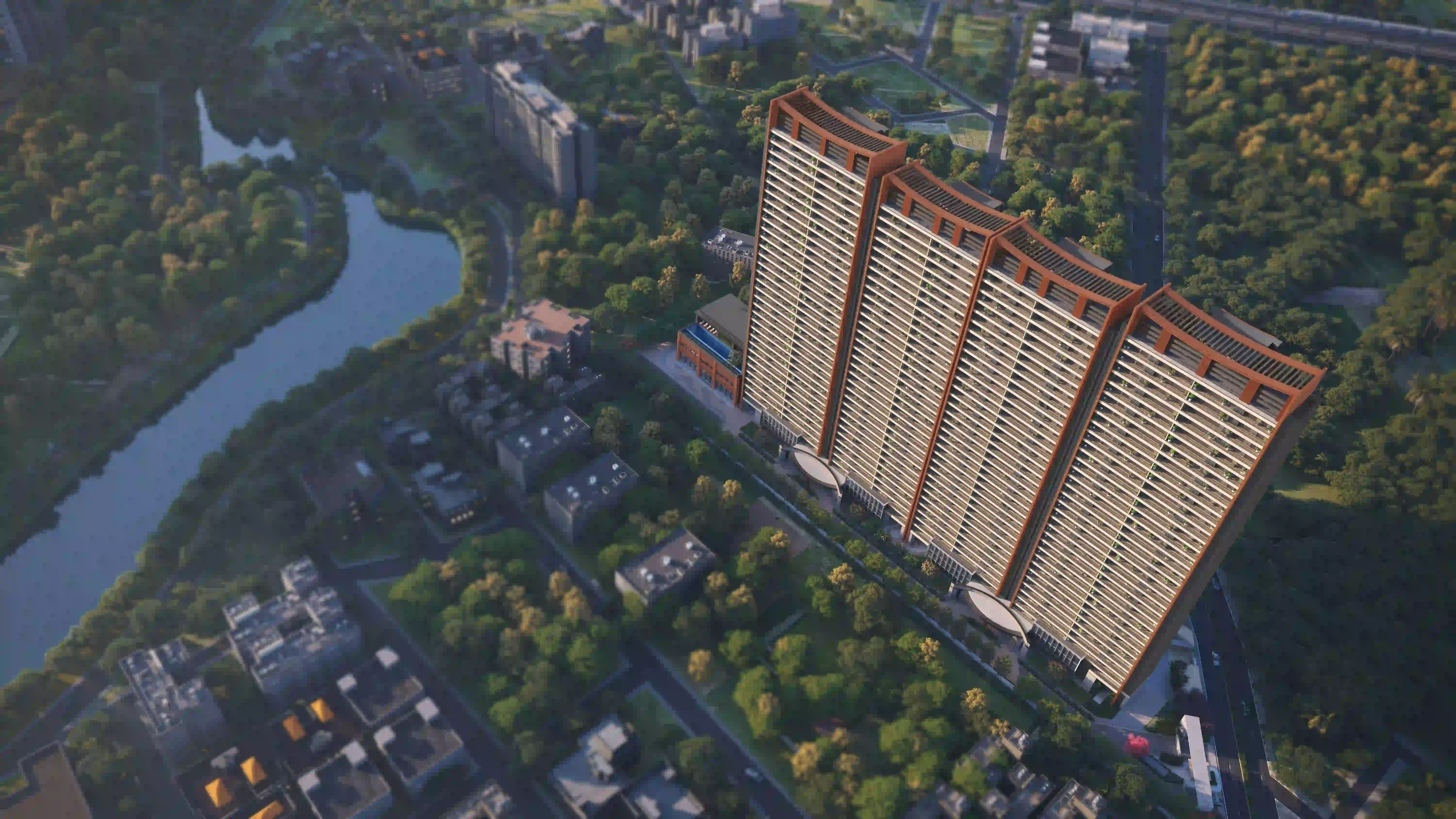 Godrej Sora — Aerial View, Lakefront Setting