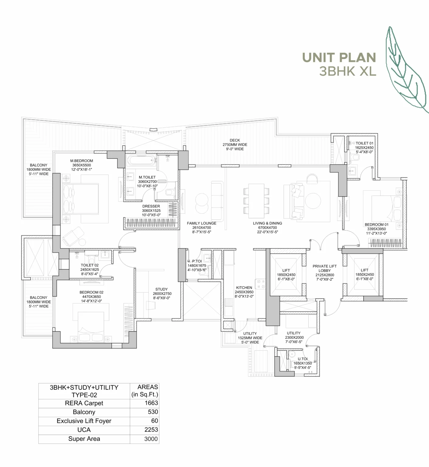 HCBS Twin Horizon — 3 BHK XL Floor Plan
