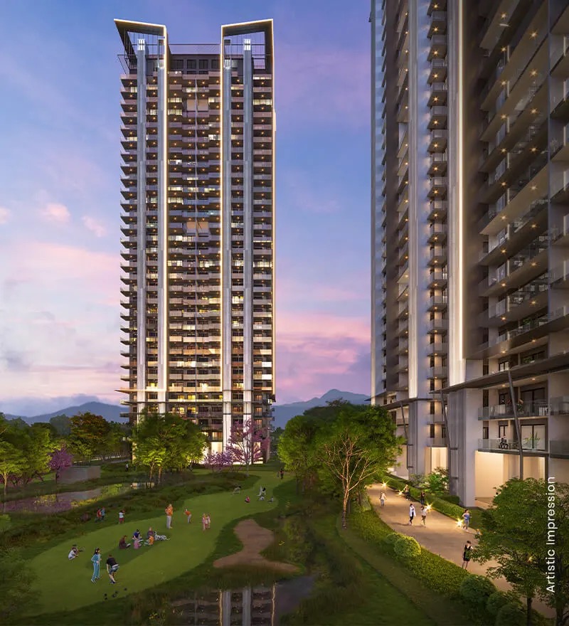 M3M Golf Hills — Tower Facade, Aravalli Backdrop