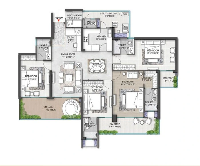 M3M St. Andrews — 3.5 BHK + Study Floor Plan
