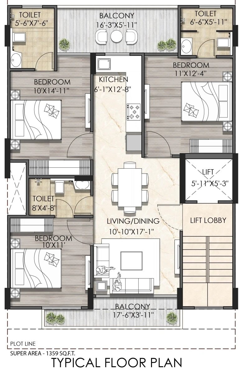 MRG Crown — Type C Floor Plan, 3 Bedrooms, 1,359 Sq.Ft.