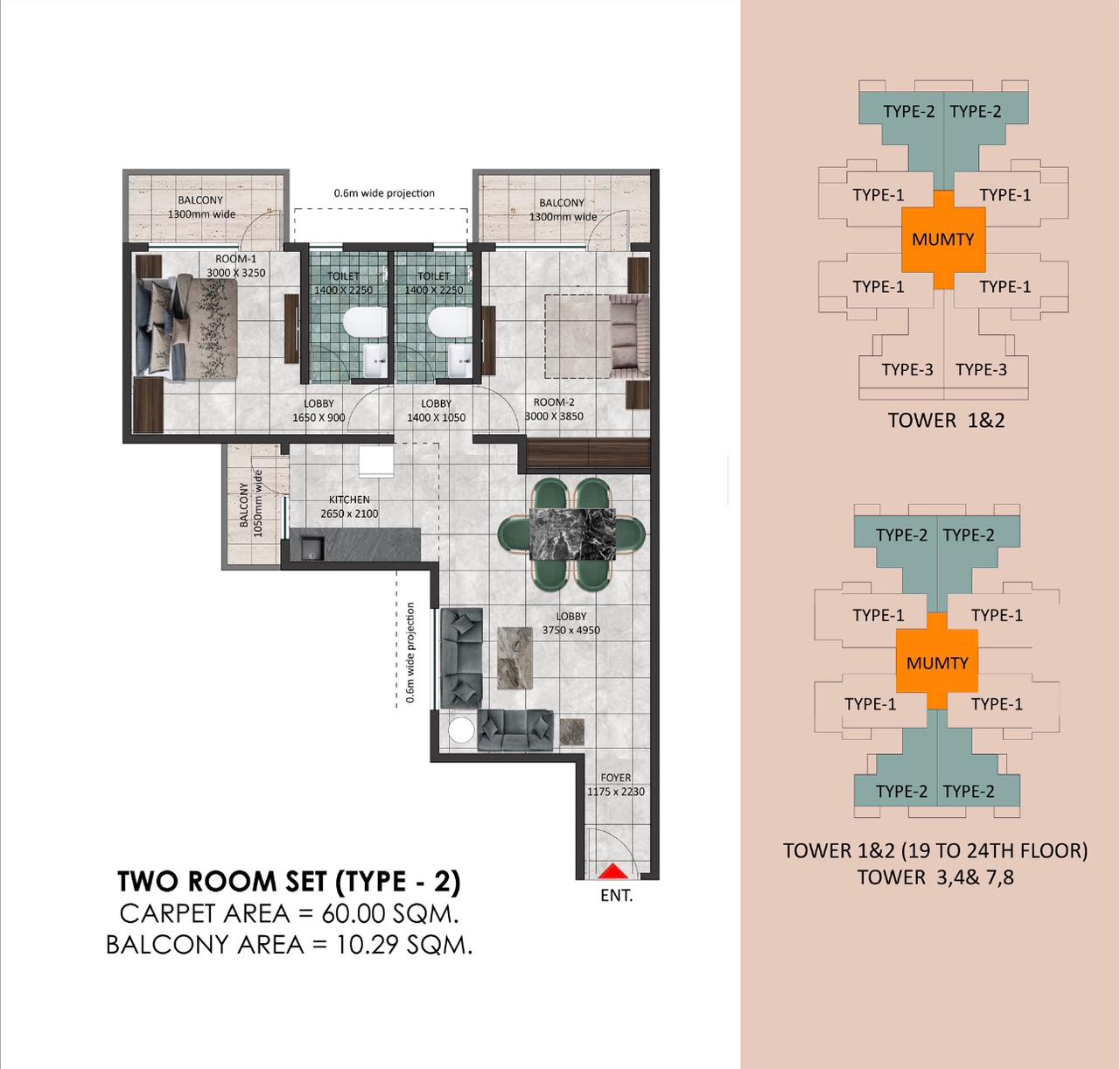 Pareena Hanu Residency — Sample 2 BHK Floor Plan (Type-2)