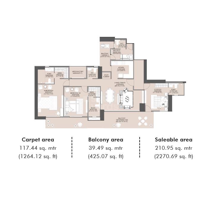 3 BHK 2270 sqft floor plan