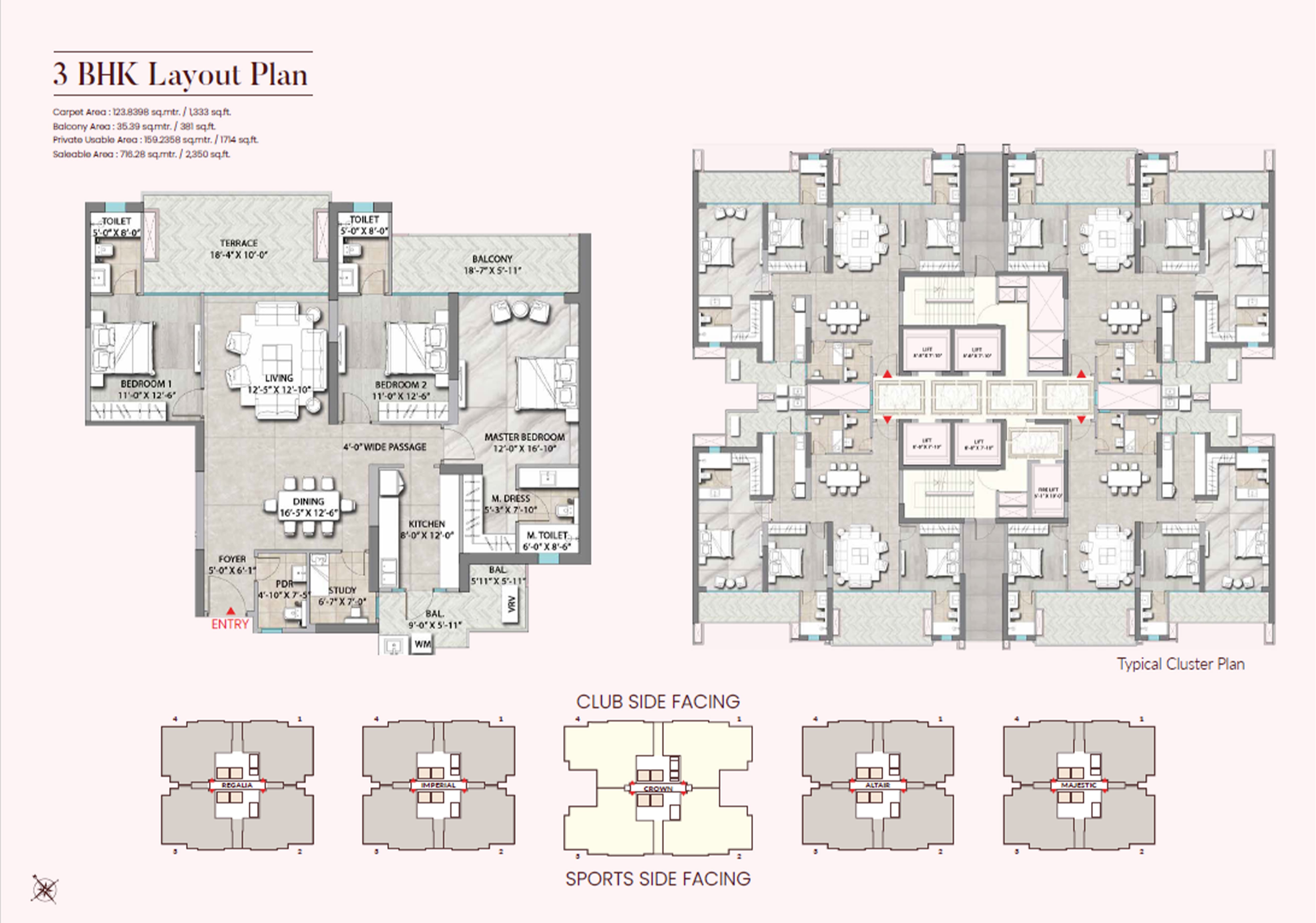 3 BHK + Study floor plan 2,350 Sq.Ft.