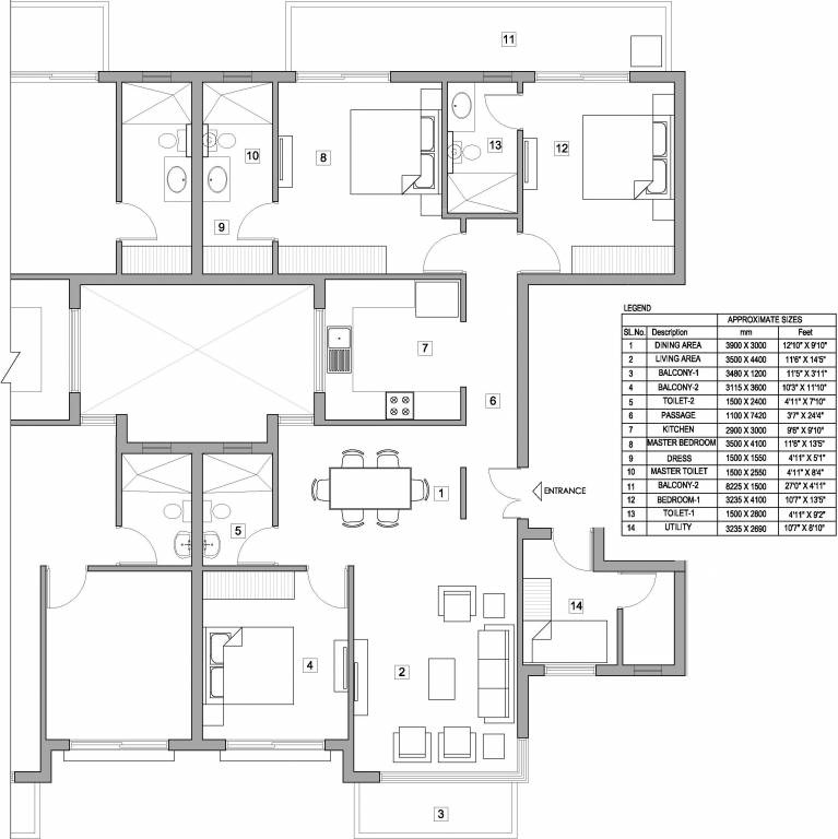 Vatika Xpressions — 3 BHK + Study Floor Plan — 1,700 sq ft